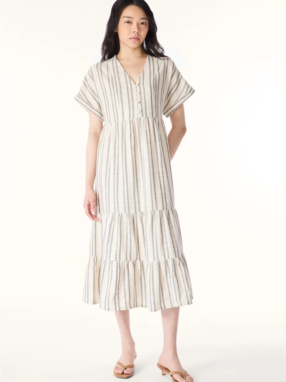 Primark Cream and Gray Striped Tiered V-Neck Midi Dress